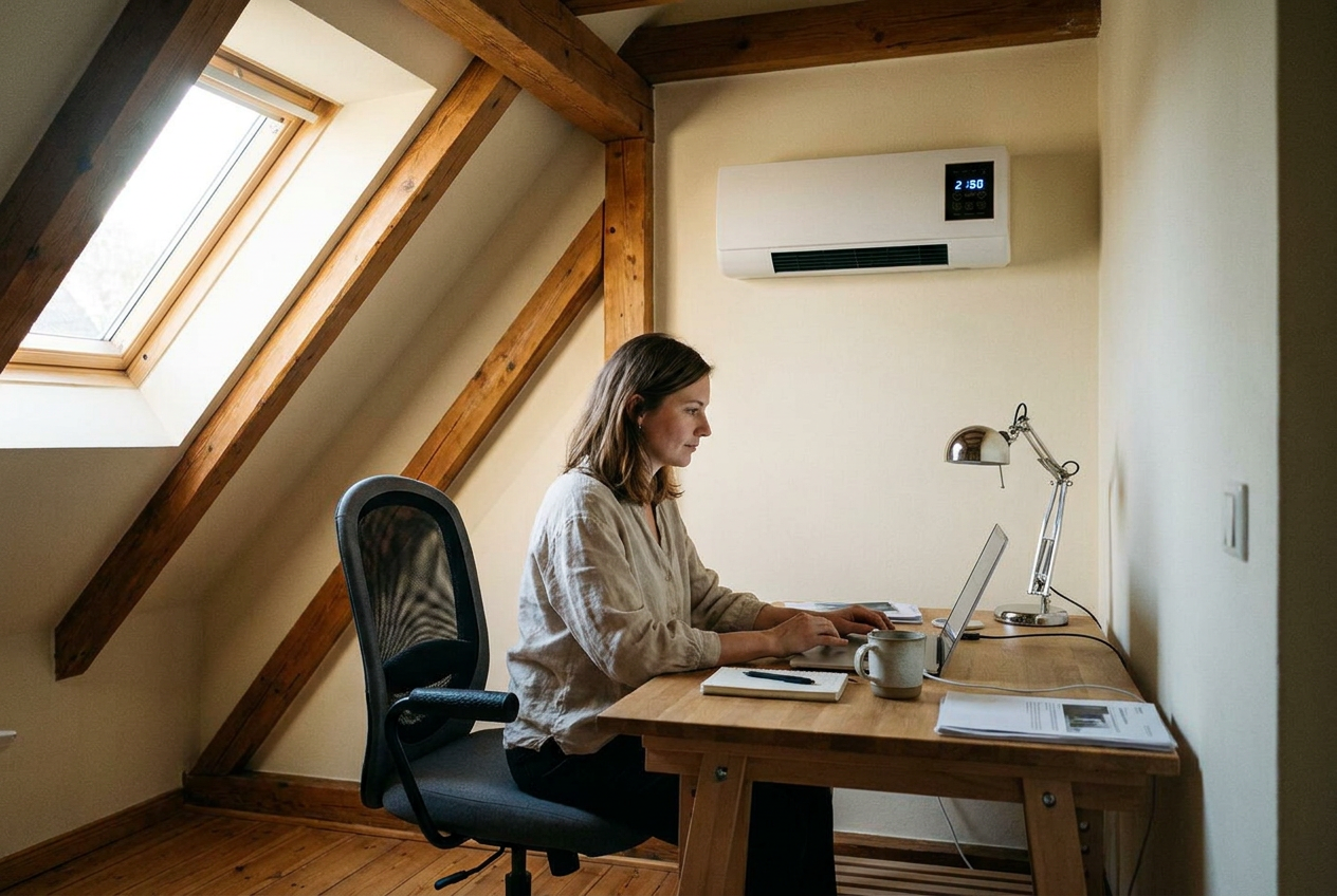 Coolizi dans le bureau sous les combles de Camille — travailler à 24 °C, 33 °C dehors