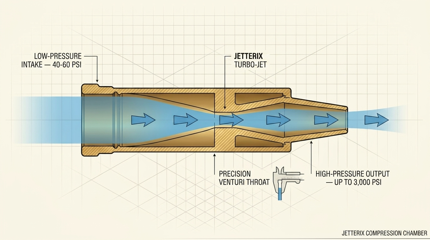 Diagram of the Jetterix compression chamber — cross-section showing low-pressure intake, venturi throat, and high-pressure output