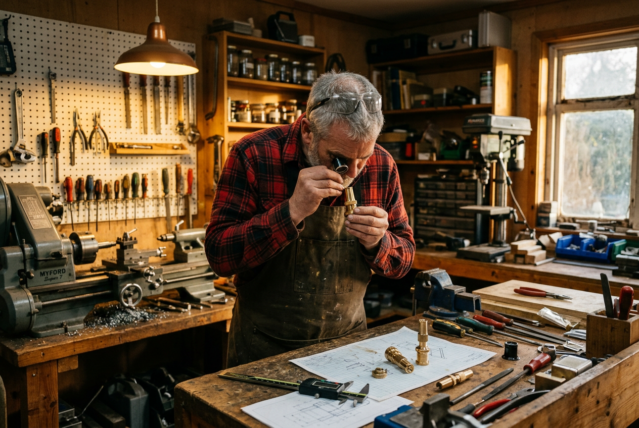 Tool-and-die machinist Dave Walker in his Pennsylvania workshop, developing the Jetterix nozzle